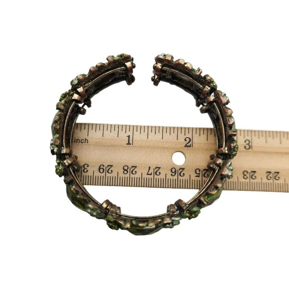 Green Prystal Enamel Flower Open Cuff Bangle Bracelet Vintage - Picture 5 of 6